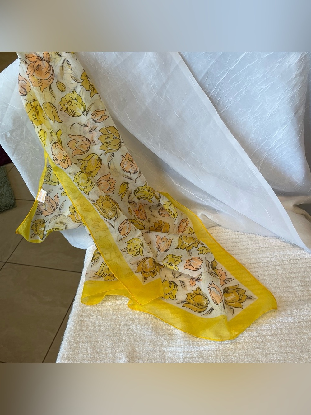 Vintage Glentex Yellow Floral Sheer Scarf. Made in Japan. 100% Nylon